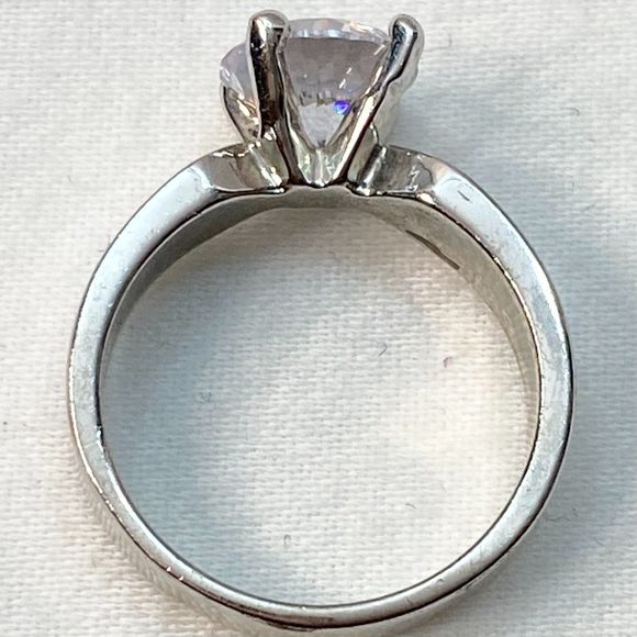 Classic Engagement Ring Faux Diamond Prong Setting Silver Tone - Picture 6 of 9